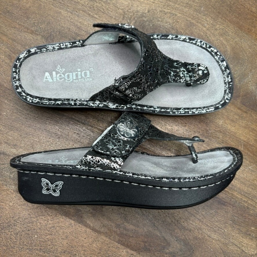 Alegria‎ Sandals EU Size 36 US 6 Black Metallic Leather Arch Support
